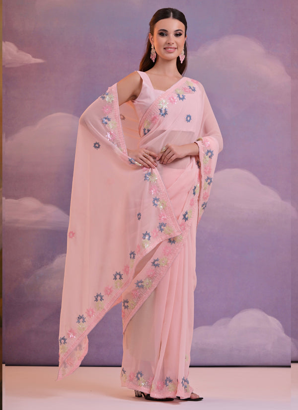 Vegaa Fashion Light Pink Soft Georgette Sequence Work Saree