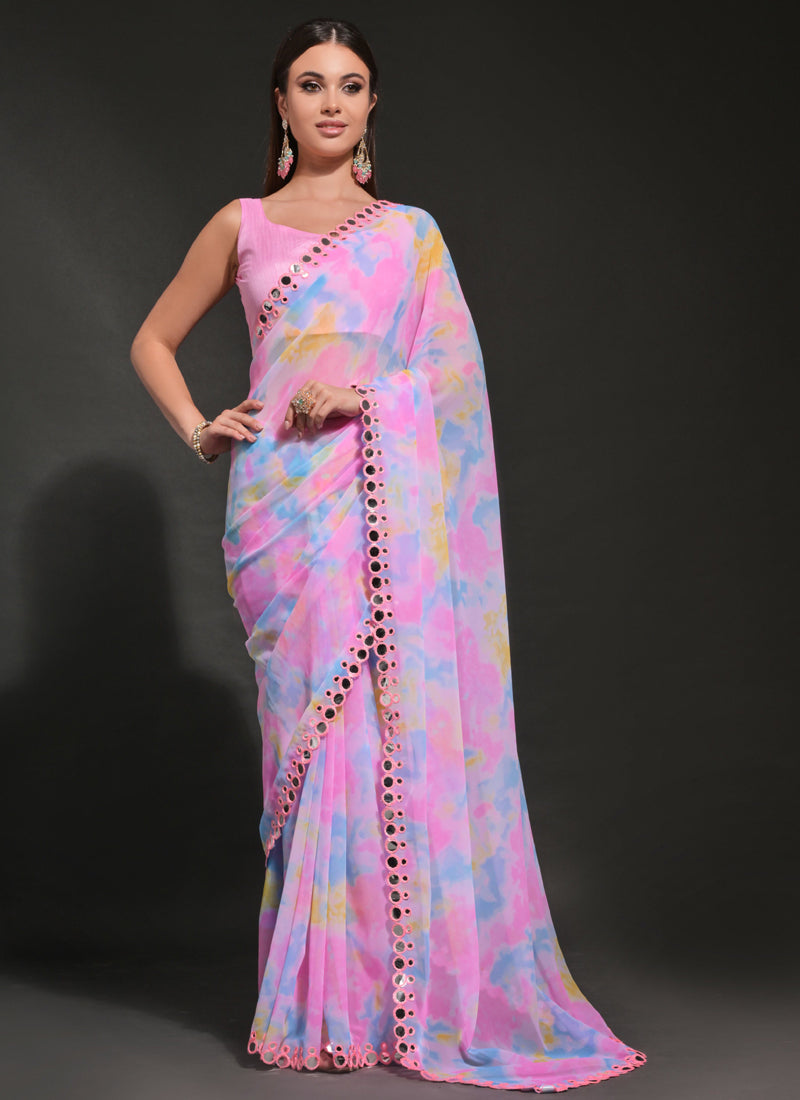 Vegaa Fashion Light Pink Georgette Prizam Print Mirror Work Saree