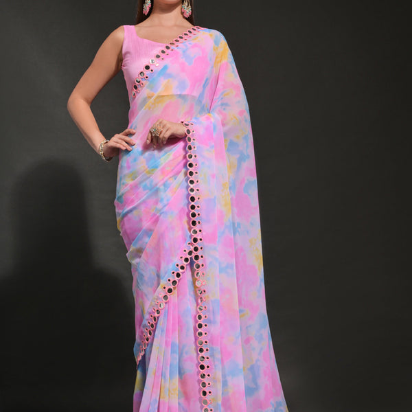 Vegaa Fashion Light Pink Georgette Prizam Print Mirror Work Saree - Distacart