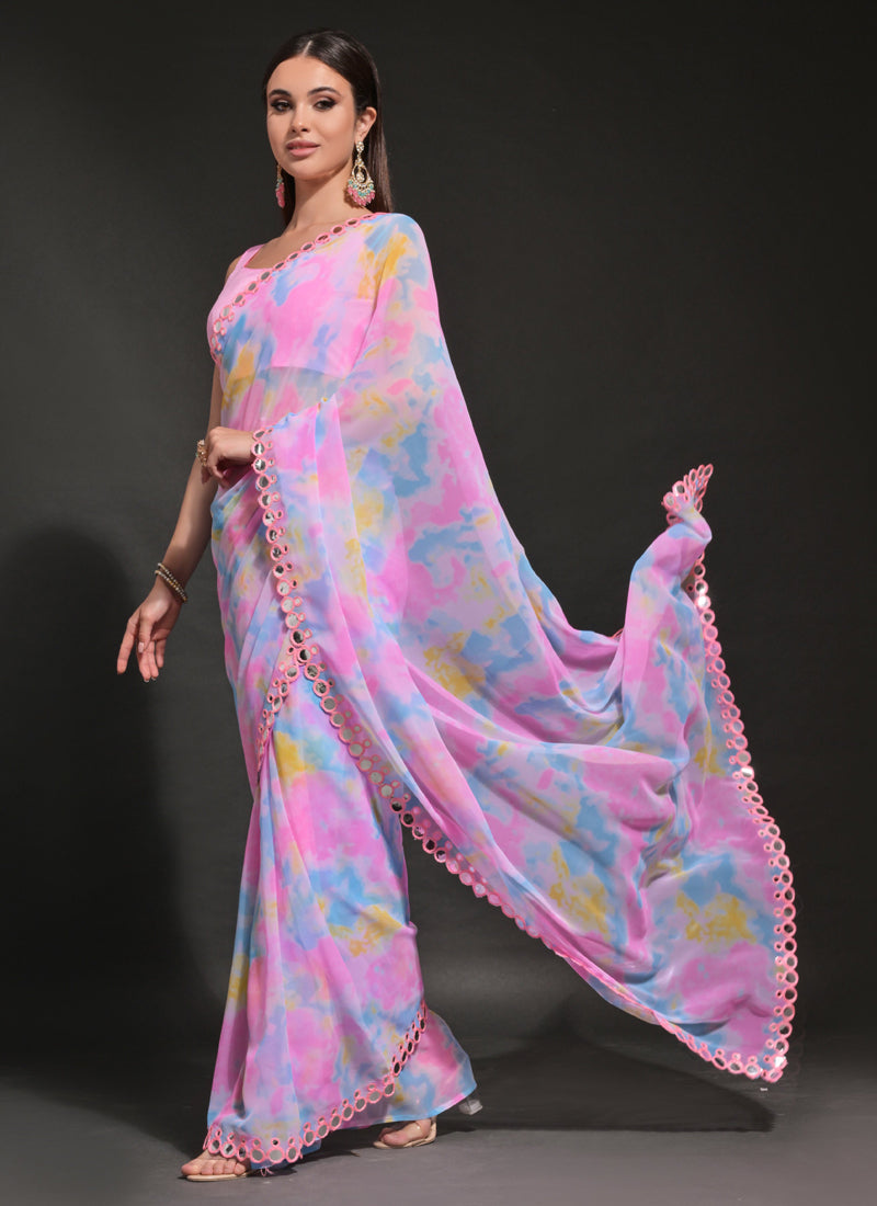 Vegaa Fashion Light Pink Georgette Prizam Print Mirror Work Saree
