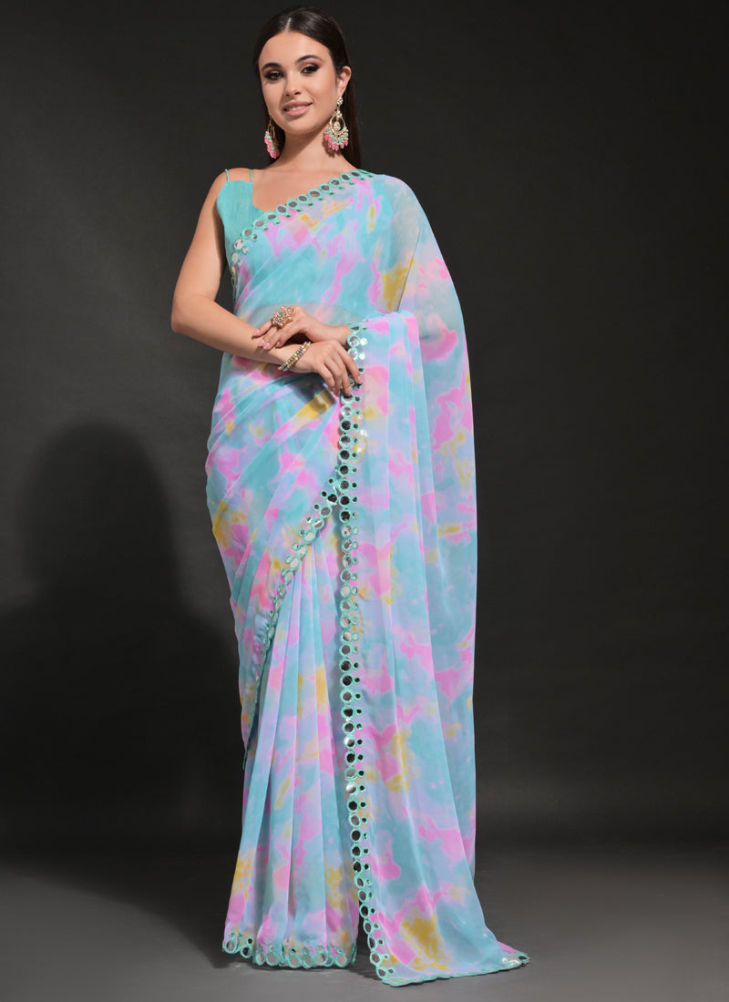 Vegaa Fashion Light Blue Georgette Prizam Print Mirror Work Saree