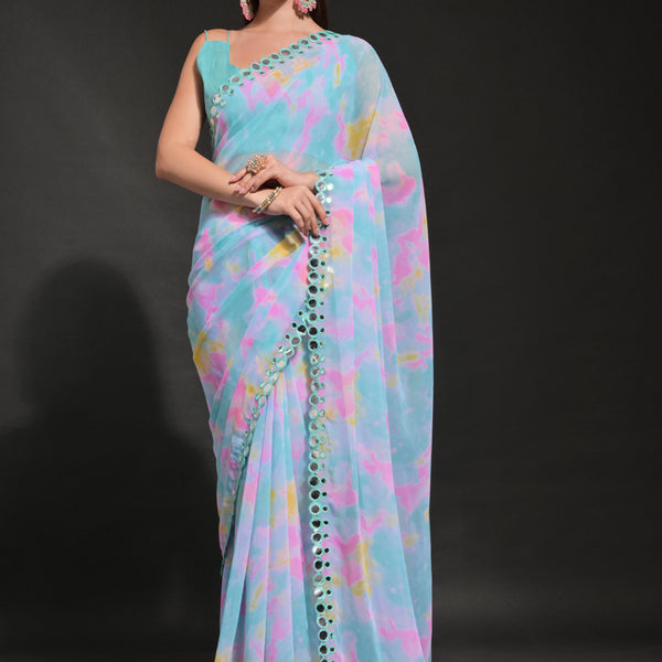 Vegaa Fashion Light Blue Georgette Prizam Print Mirror Work Saree - Distacart