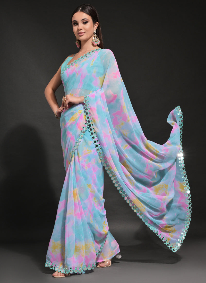 Vegaa Fashion Light Blue Georgette Prizam Print Mirror Work Saree