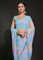 Thumbnail for Vegaa Fashion Light Blue Georgette Prizam Print Mirror Work Saree
