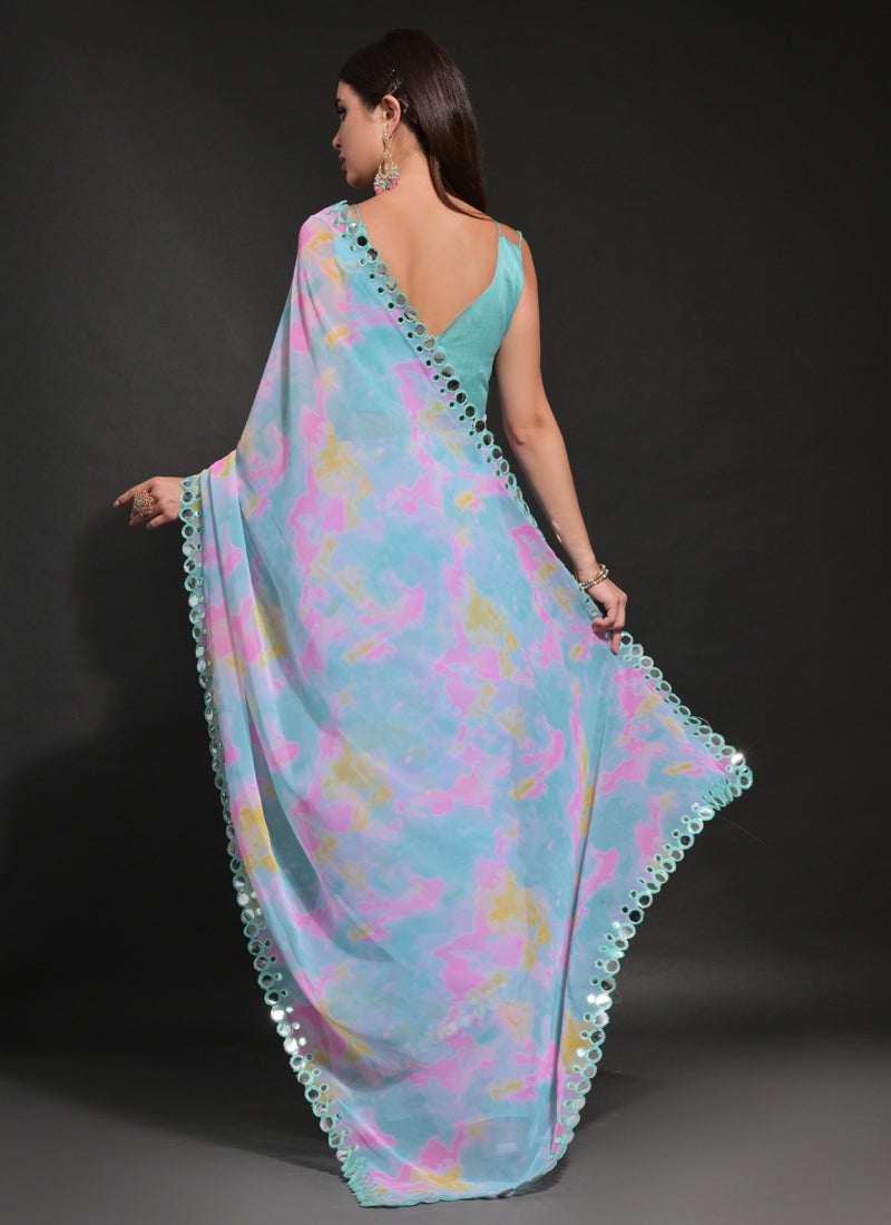 Vegaa Fashion Light Blue Georgette Prizam Print Mirror Work Saree