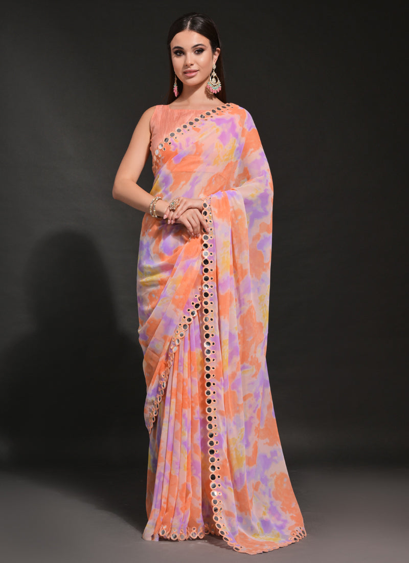 Vegaa Fashion Orange Georgette Prizam Print Mirror Work Saree