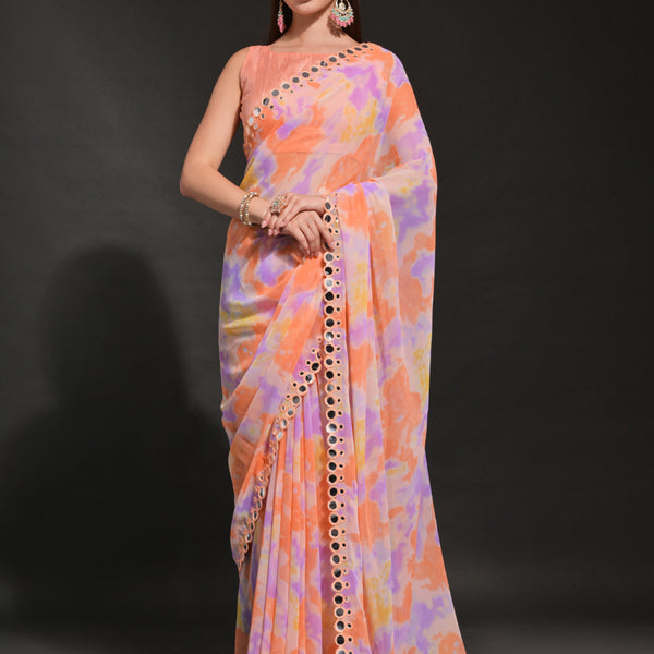 Vegaa Fashion Orange Georgette Prizam Print Mirror Work Saree - Distacart