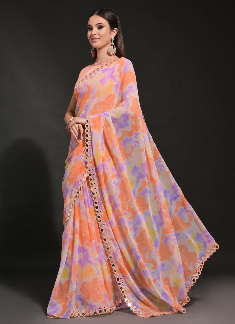 Vegaa Fashion Orange Georgette Prizam Print Mirror Work Saree