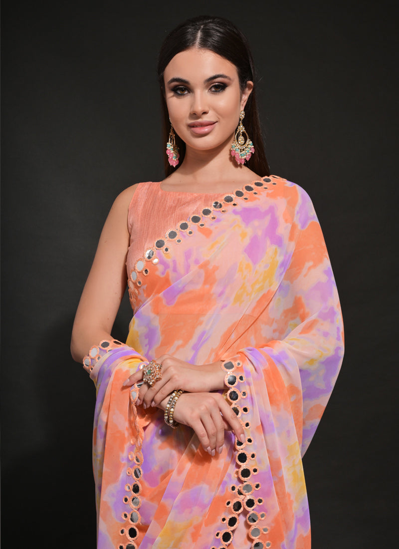 Vegaa Fashion Orange Georgette Prizam Print Mirror Work Saree
