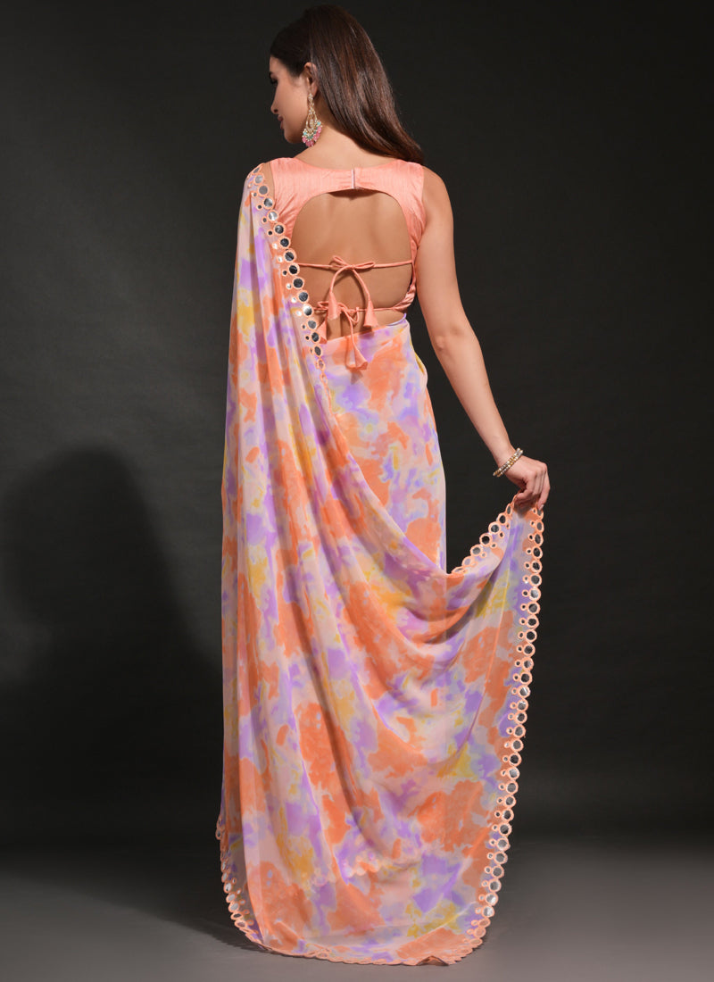 Vegaa Fashion Orange Georgette Prizam Print Mirror Work Saree