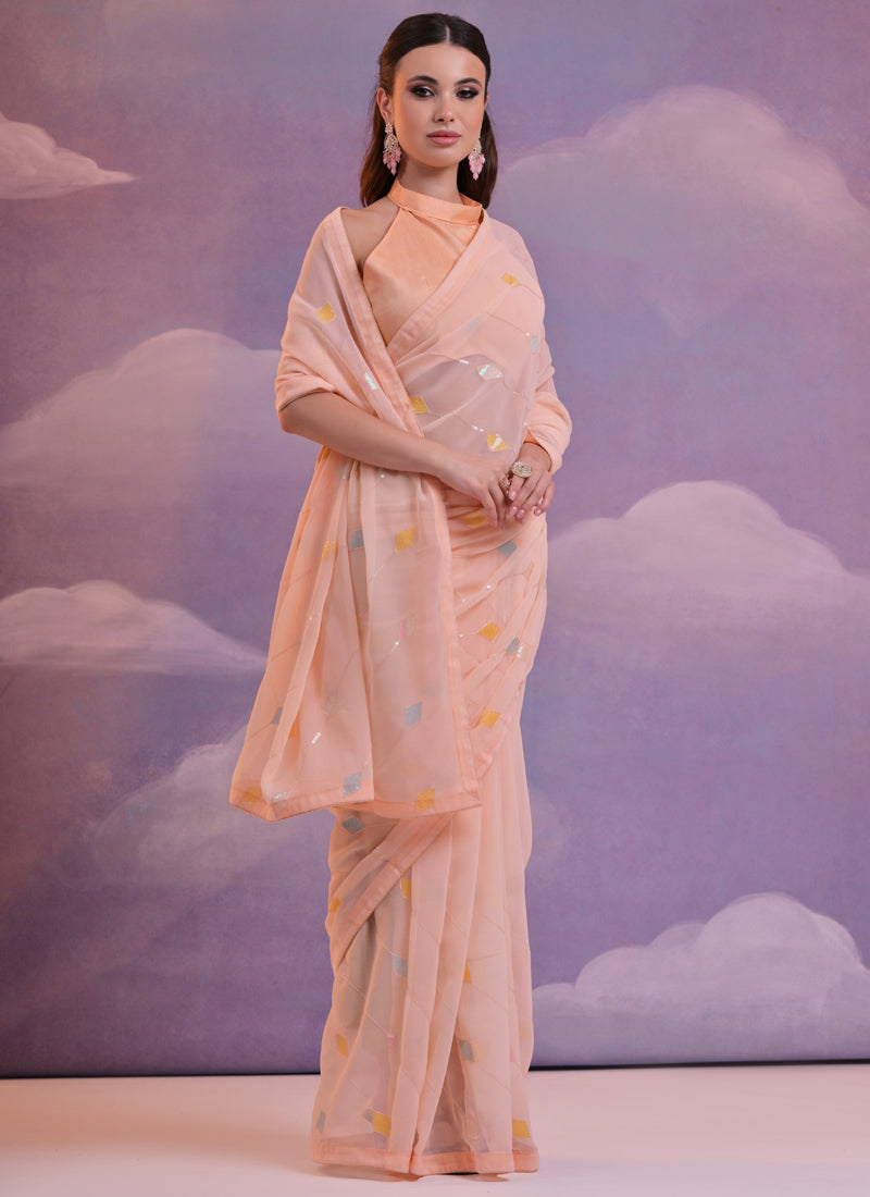 Vegaa Fashion Light Peach Soft Georgette Sequence Work Saree