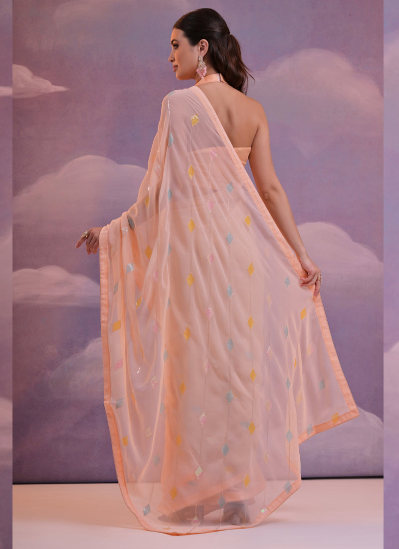 Vegaa Fashion Light Peach Soft Georgette Sequence Work Saree - Distacart