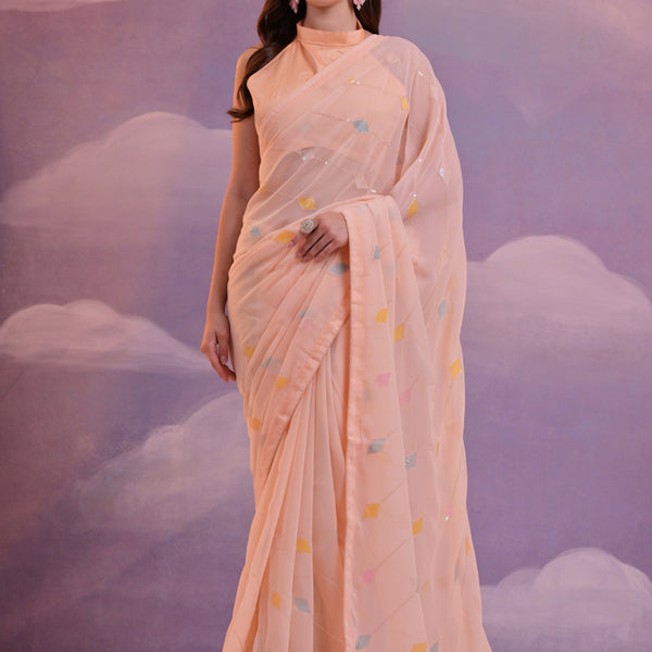 Vegaa Fashion Light Peach Soft Georgette Sequence Work Saree