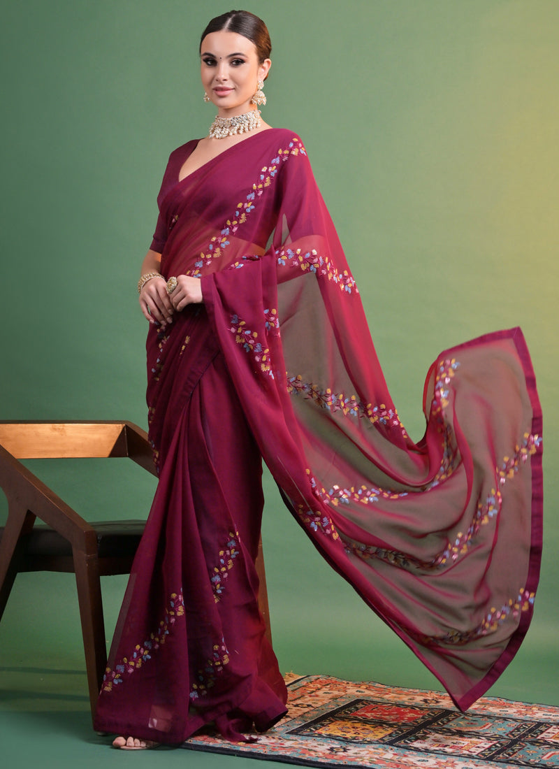 Vegaa Fashion Wine Georgette Sequence Party Wear Saree