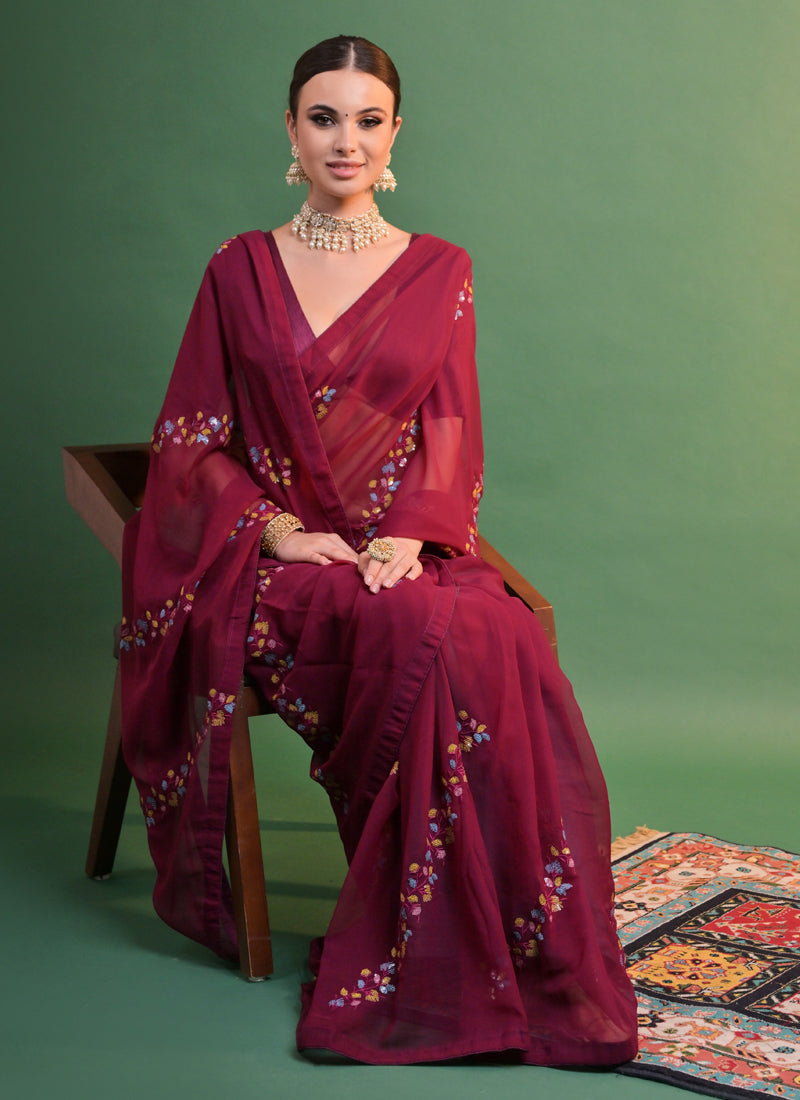Vegaa Fashion Wine Georgette Sequence Party Wear Saree