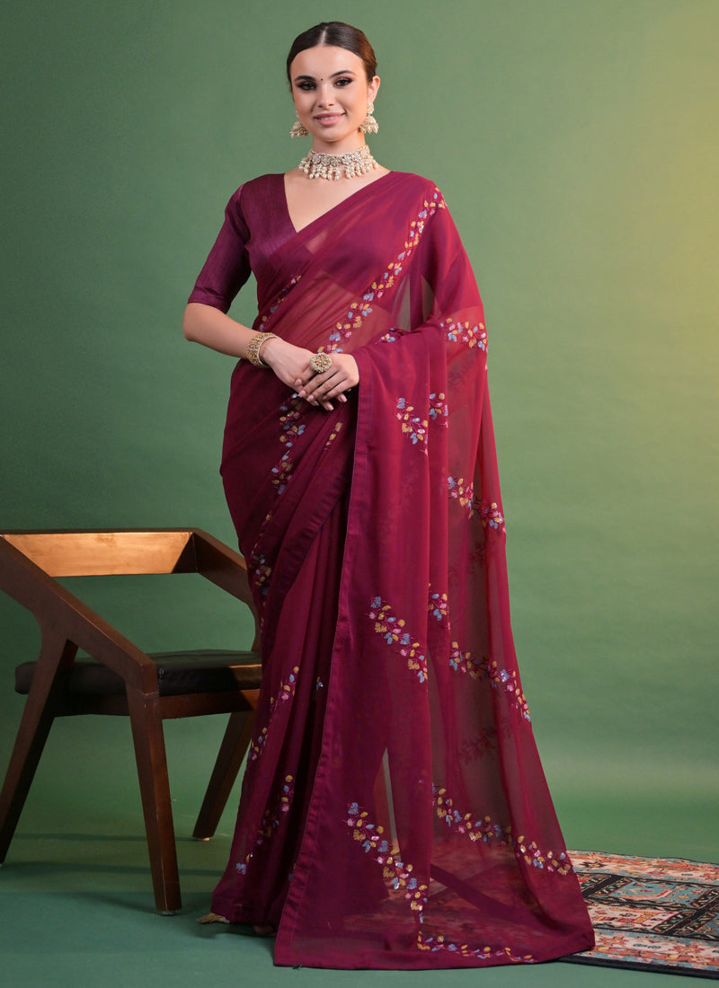 Vegaa Fashion Wine Georgette Sequence Party Wear Saree