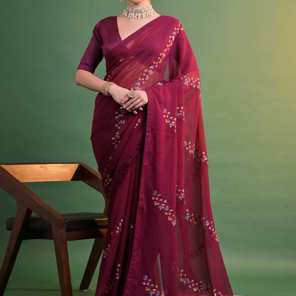 Vegaa Fashion Wine Georgette Sequence Party Wear Saree - Distacart