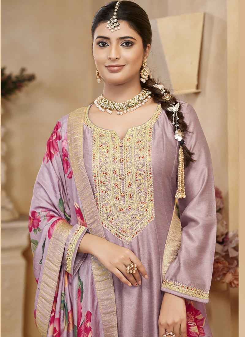 Vegaa Fashion Light Onion Pink Vichitra Silk Embroidered Anarkali Suit