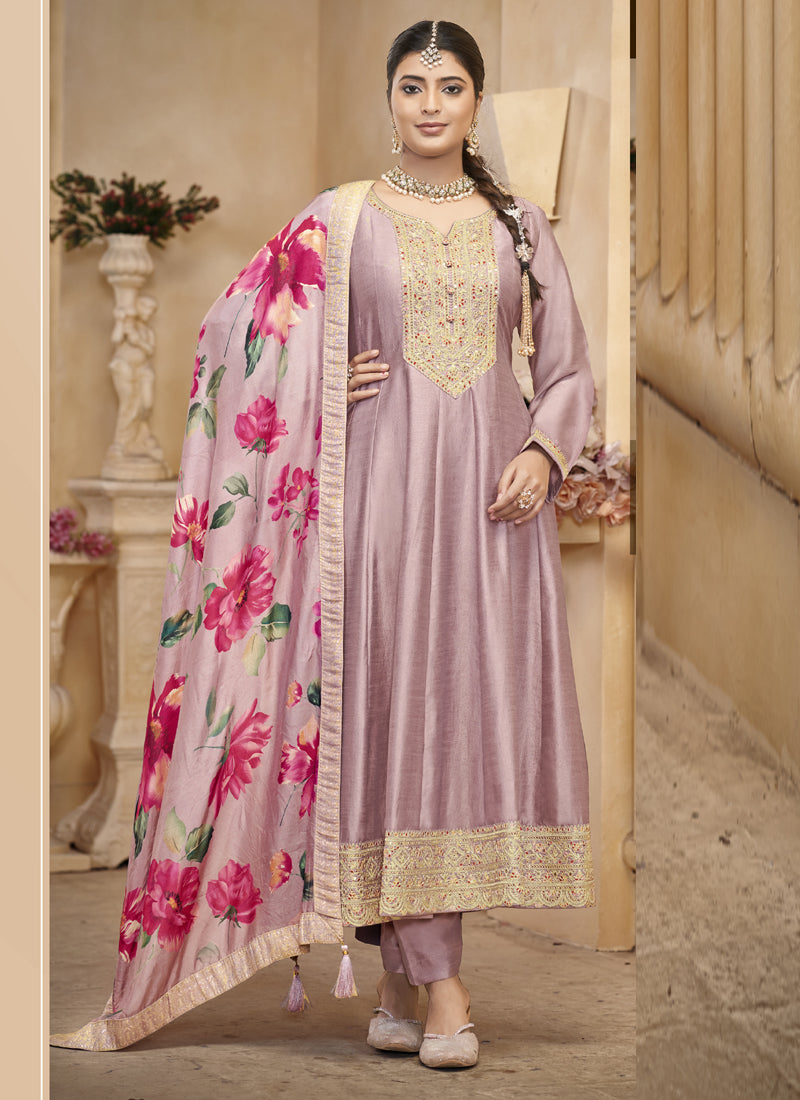 Vegaa Fashion Light Onion Pink Vichitra Silk Embroidered Anarkali Suit