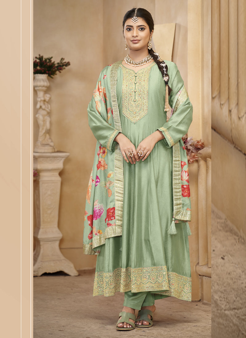 Vegaa Fashion Light Pista Vichitra Silk Embroidered Anarkali Suit