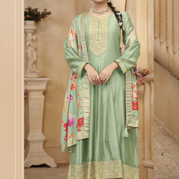 Vegaa Fashion Light Pista Vichitra Silk Embroidered Anarkali Suit - Distacart