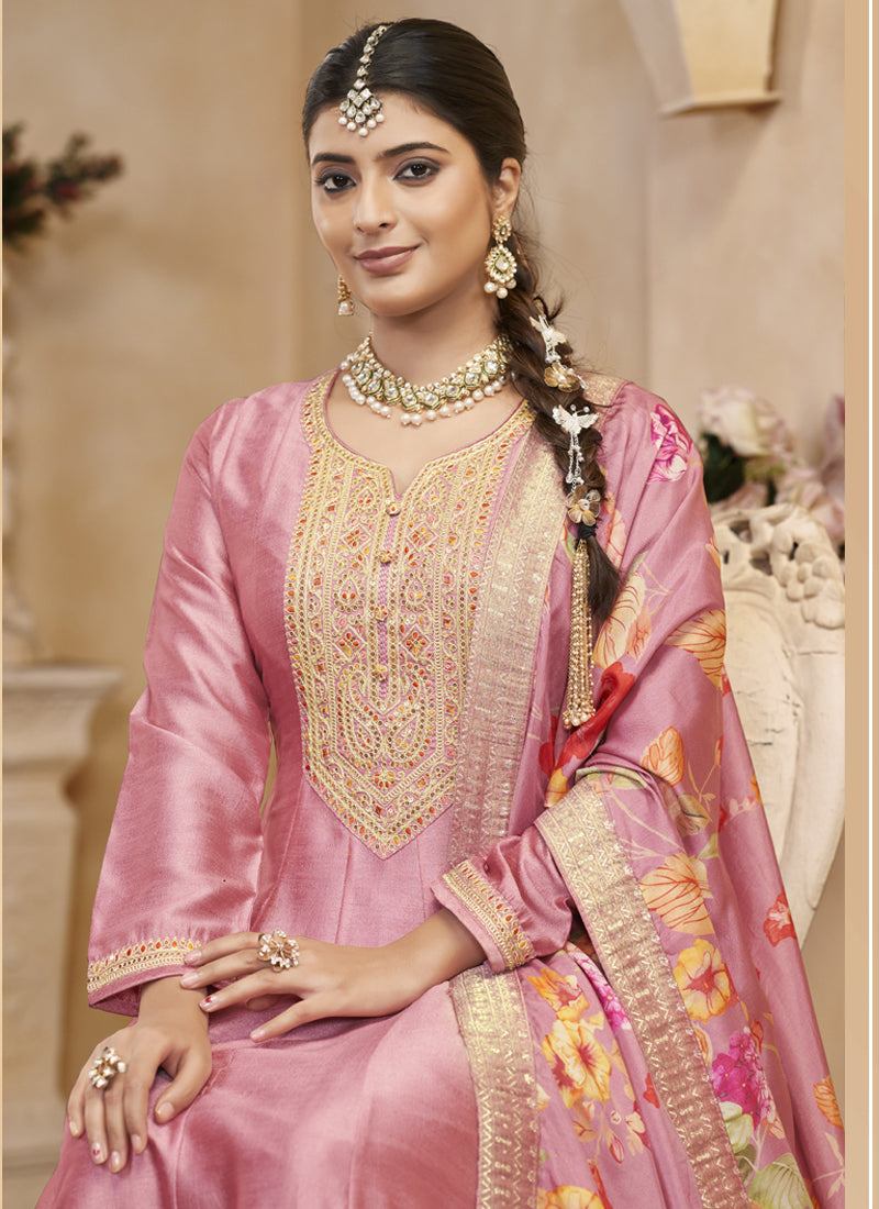 Vegaa Fashion Light Pink Vichitra Silk Embroidered Anarkali Suit