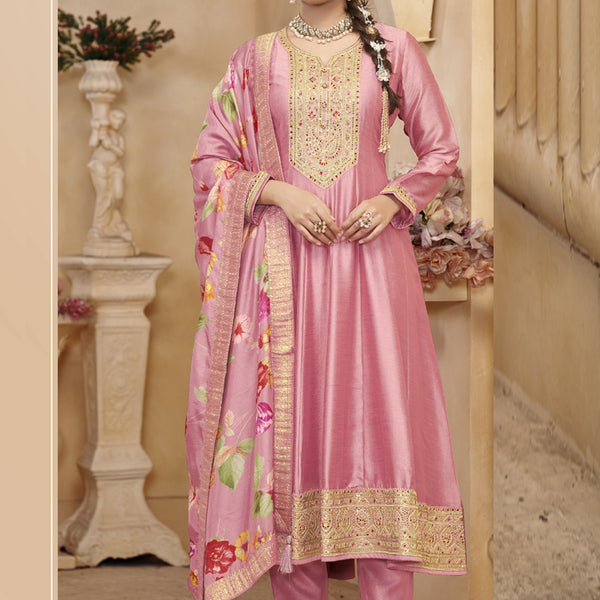 Vegaa Fashion Light Pink Vichitra Silk Embroidered Anarkali Suit - Distacart