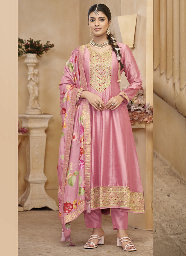 Vegaa Fashion Light Pink Vichitra Silk Embroidered Anarkali Suit