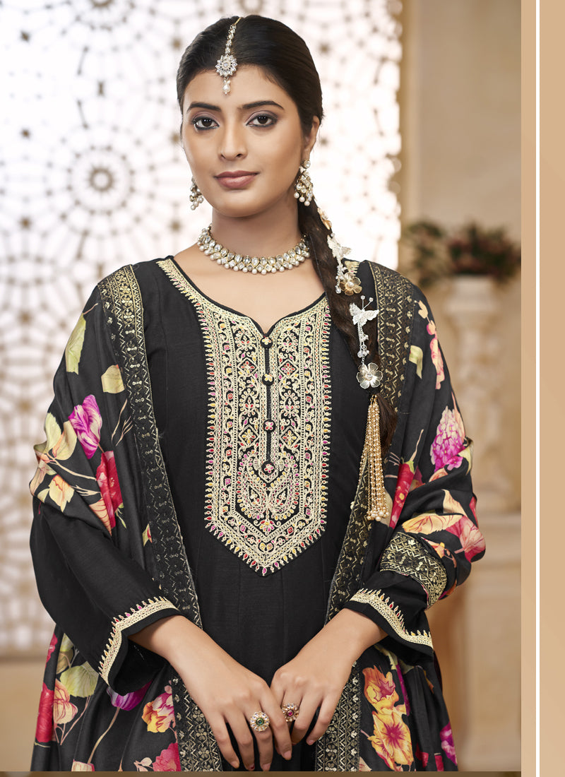 Vegaa Fashion Black Vichitra Silk Embroidered Anarkali Suit