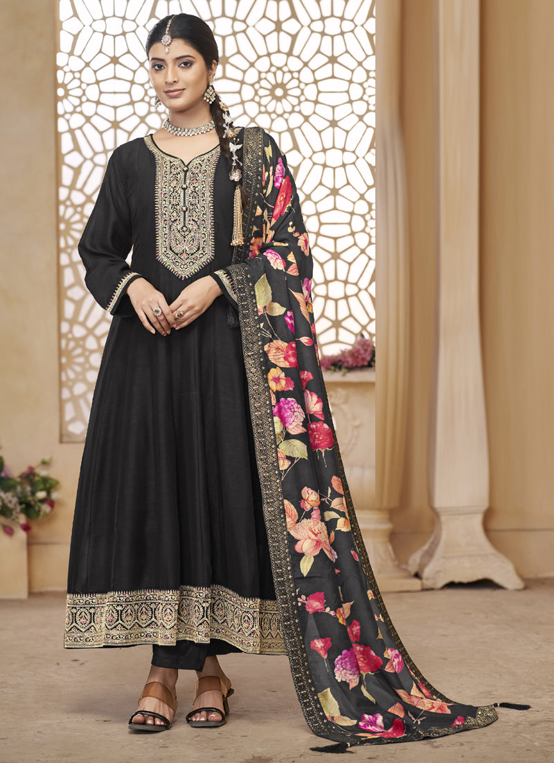 Vegaa Fashion Black Vichitra Silk Embroidered Anarkali Suit
