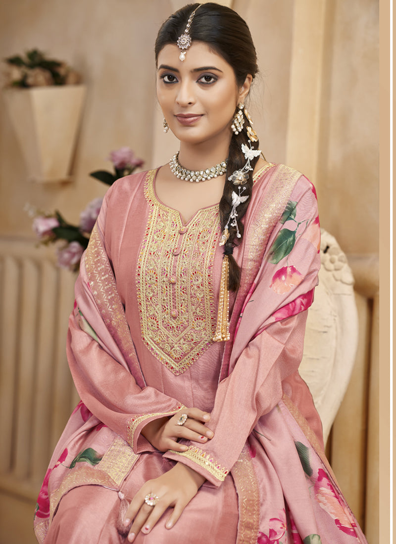 Vegaa Fashion Baby Pink Vichitra Silk Embroidered Anarkali Suit
