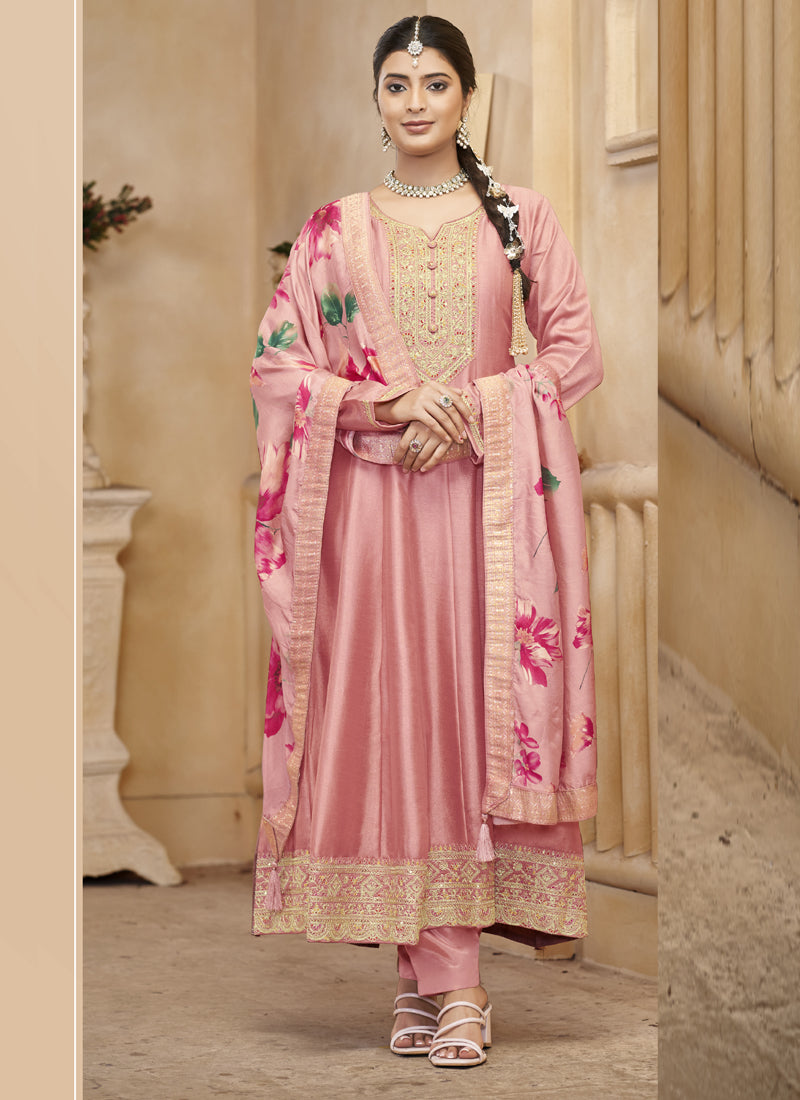 Vegaa Fashion Baby Pink Vichitra Silk Embroidered Anarkali Suit