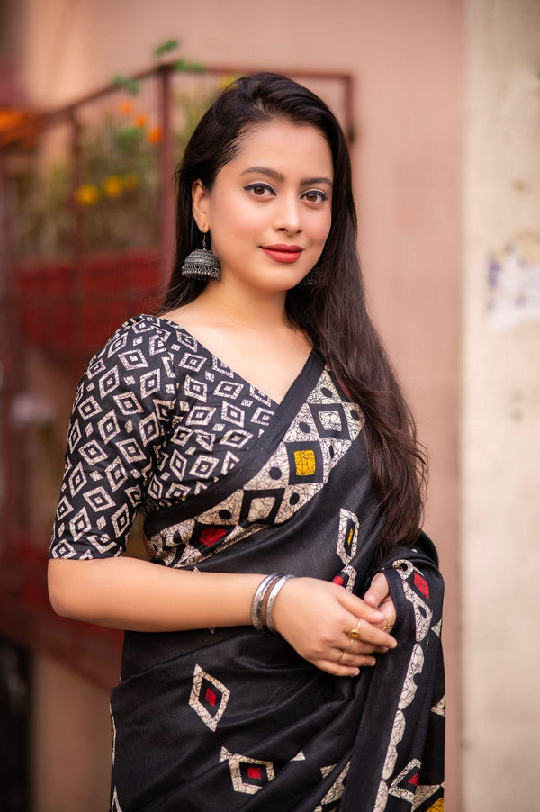 Black Silk Blend Ethnic Motifs Saree with Unstitched Blouse - A2M