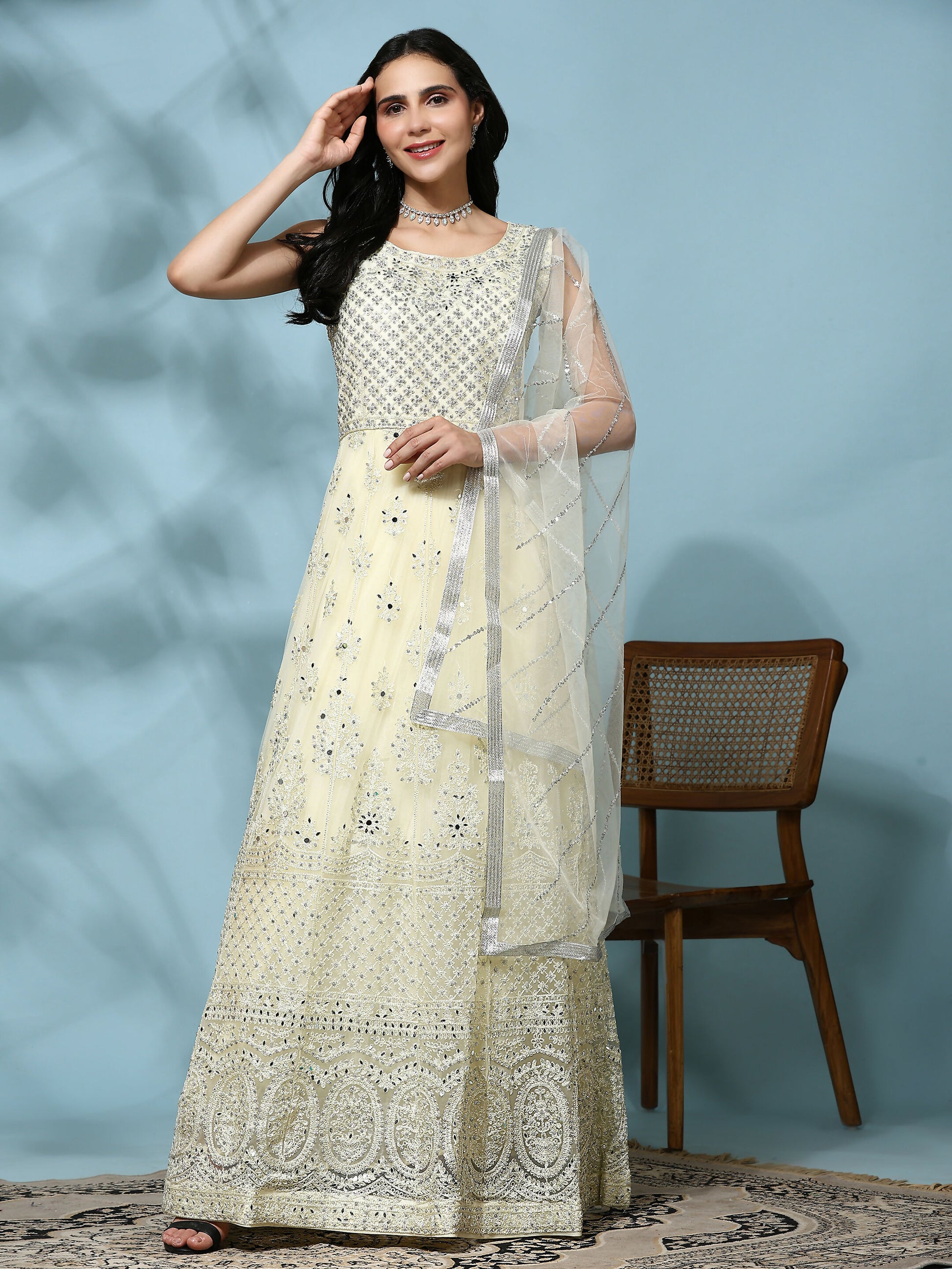 Yellow Net Hand Embroidered Gown - Rudrani - Distacart