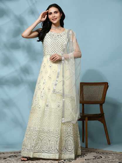 Yellow Net Hand Embroidered Gown - Rudrani - Distacart