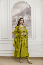 Thumbnail for The52 Light Green Women's Beautiful Vichitra Silk Fabric Embroidered Work Flared Anarkali Pant and Dupatta Set - Distacart