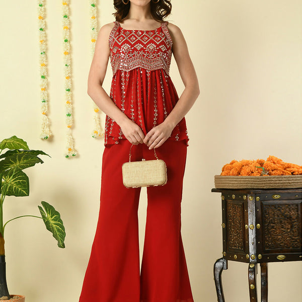 Myshka Women's Red Georgette Top With Palazzos Party Sets - Distacart