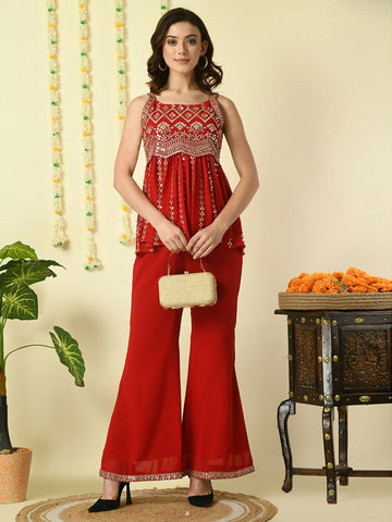 Myshka Women's Red Georgette Top With Palazzos Party Sets - Distacart