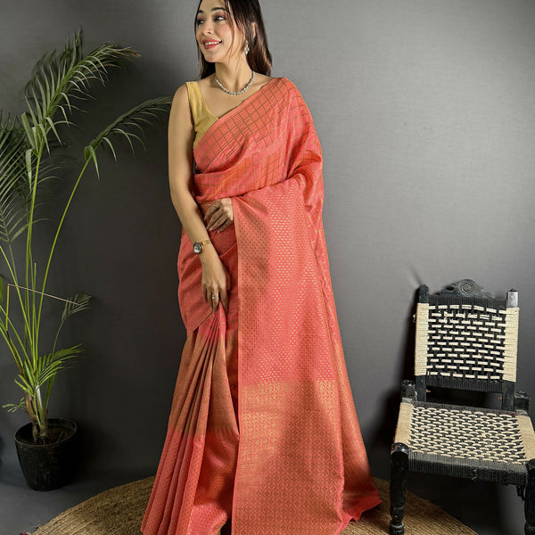 Joban Fashion Peach Banarasi Soft Lichi Silk Checks & Woven Saree