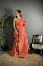 Thumbnail for Joban Fashion Peach Banarasi Soft Lichi Silk Checks & Woven Saree