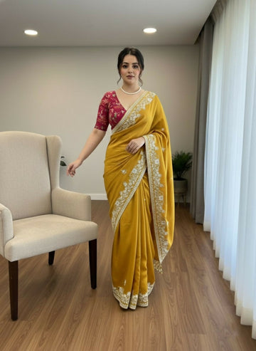 Teeya Creation New Trendy Party Wear Soft Satin Chiffon Saree-Yellow - Dista