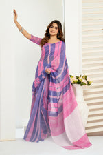 Thumbnail for Vastranavya Pink Blue Digital Printed Linen Ready To Wear Designer Saree with Unstitched Blouse - Distacart