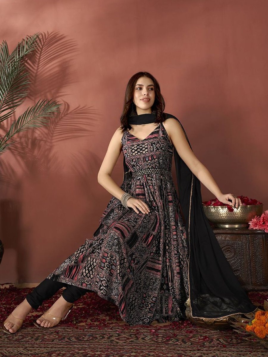 Anouk Black Floral Printed Sleeveless Pleated Anarkali Kurta With Churidar & Dupatta