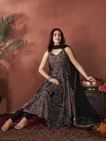 Thumbnail for Anouk Black Floral Printed Sleeveless Pleated Anarkali Kurta With Churidar & Dupatta