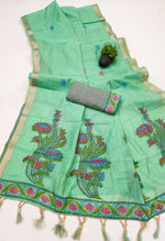Thumbnail for Vastranavya Turquoise Muga Cotton Meenakari & Azarakh Pallu Saree with Contrast Blouse - Distacart