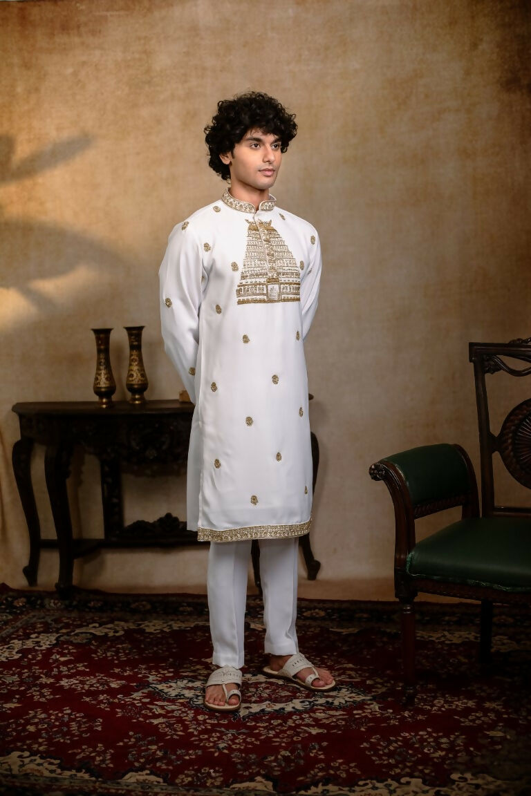 Falling Raw Silk White Devalaya Kurta By Hilo Design