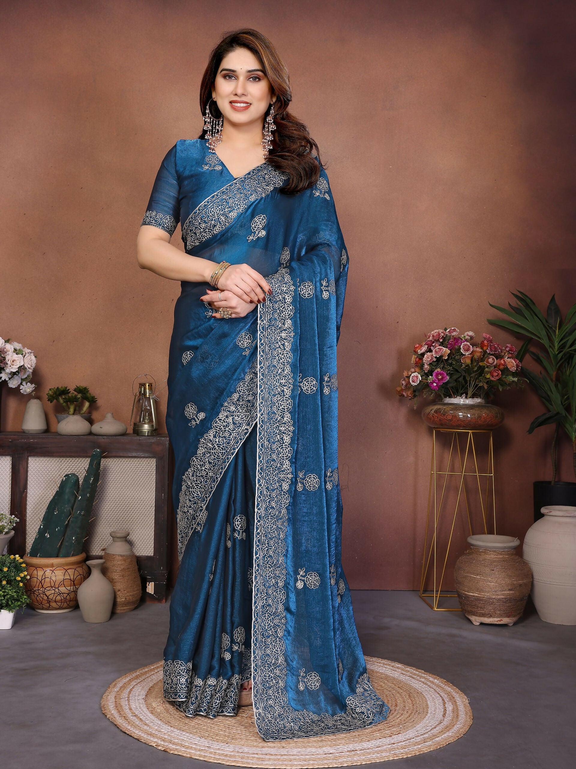 Teeya Creation New Trendy Party Wear Soft Satin Chiffon Saree-Blue - Dista