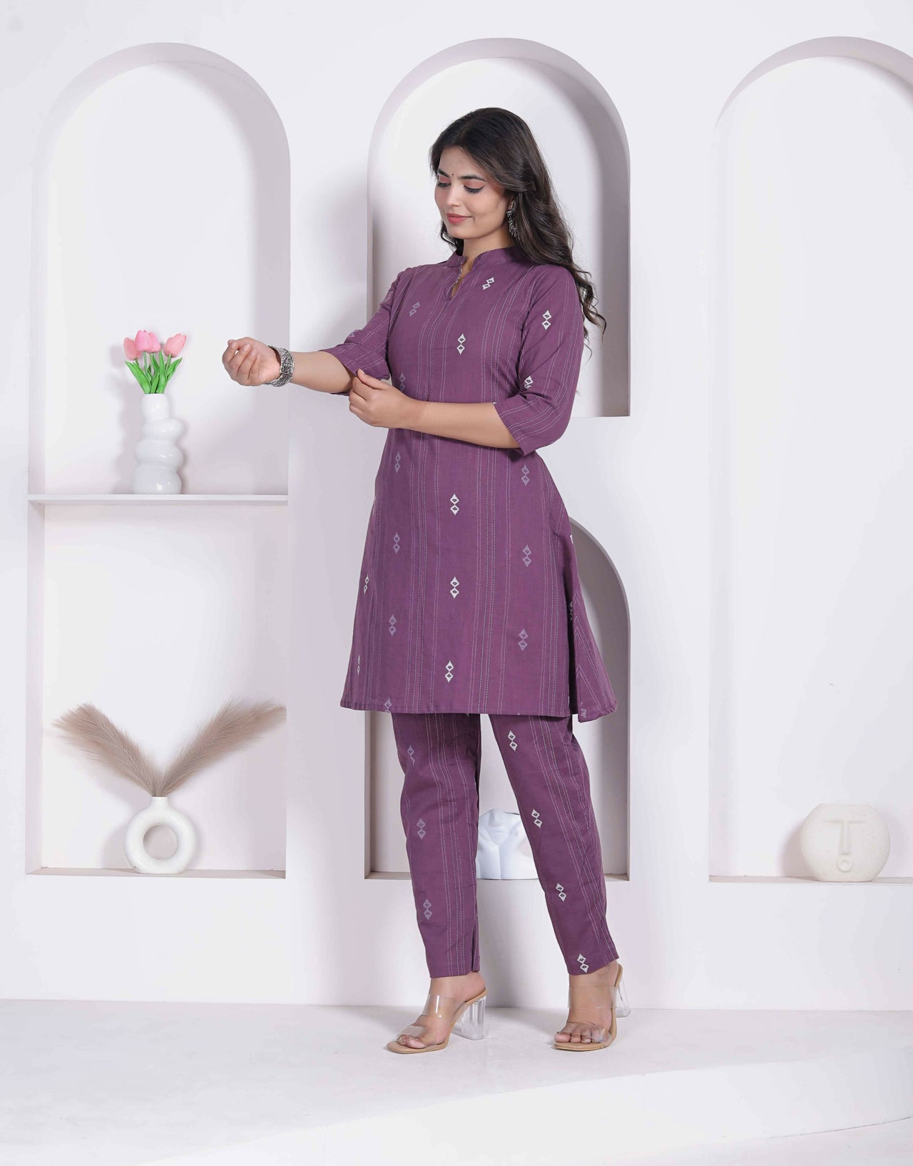 Miravan Womens Abstract Printed Wine Kurta Set - Dista
