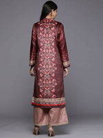 Thumbnail for Ahalyaa Women Burgundy & Golden Floral Printed Gotta Patti Floral Velvet Kurta - Distacart