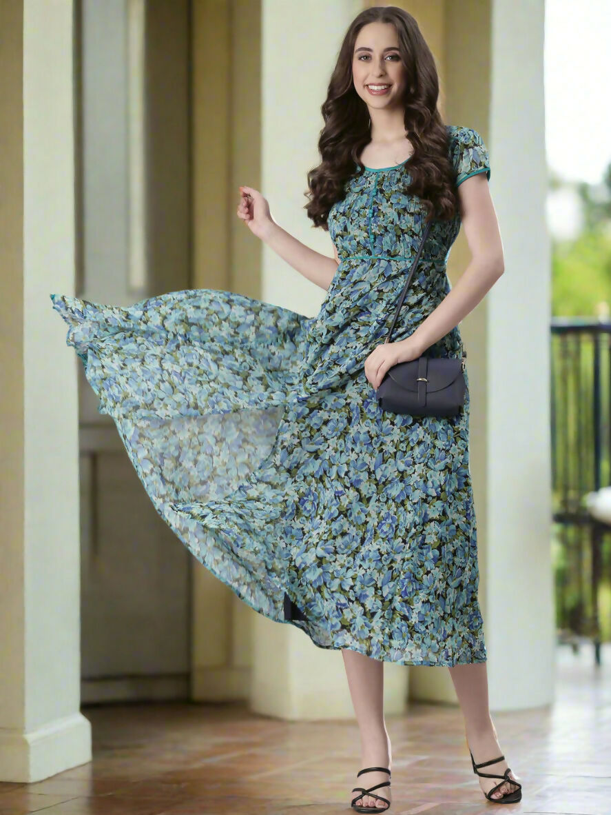 Souchii Teal & Blue Floral Printed Fit & Flare Dress